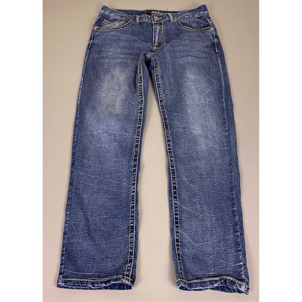True Luck Jeans Men's Size 34x32 Blue Straight Leg Distressed Medium Wash Denim